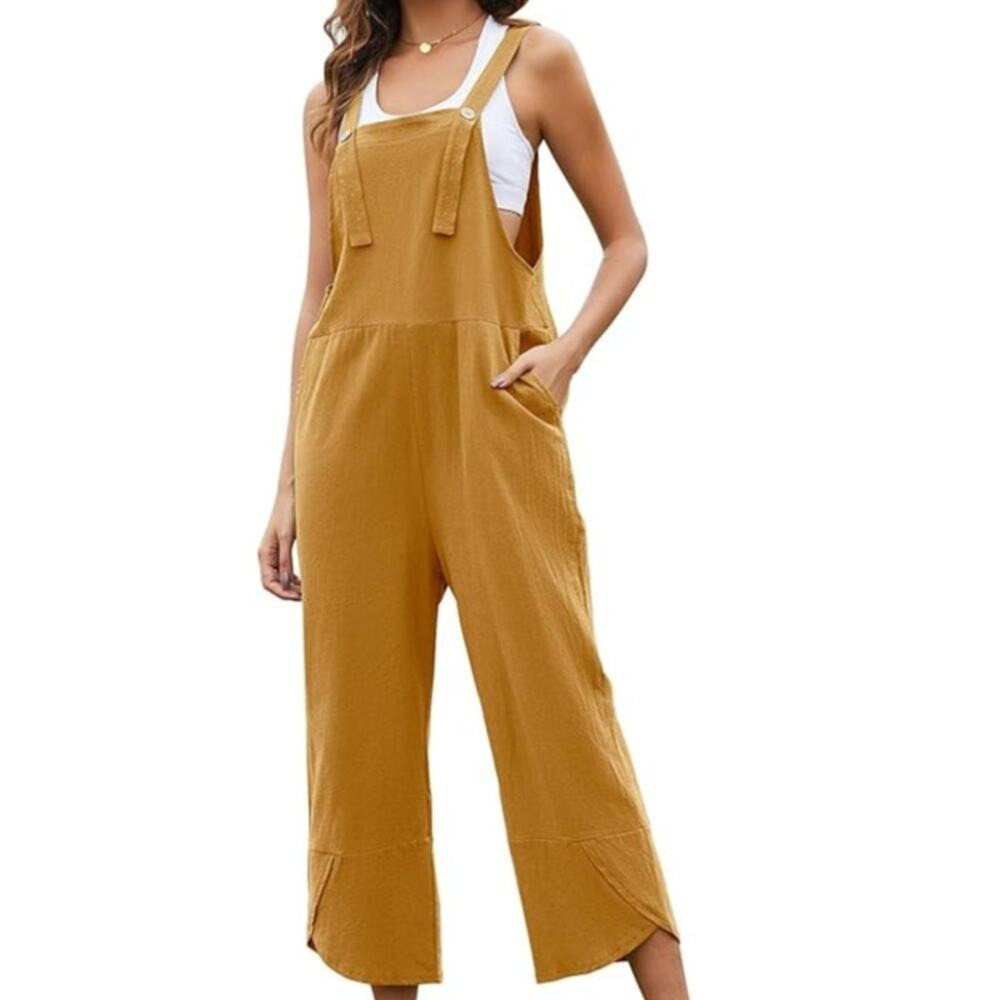 Wide Leg Overall Jumpsuit Harem Bib Pants Cotton Linen Ginger Size Large